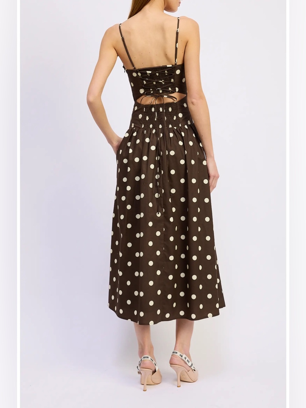 En Saison Brown Strapless Polka Dot Midi Dress with Cream Dots (Straps included) - Picture 2 of 6